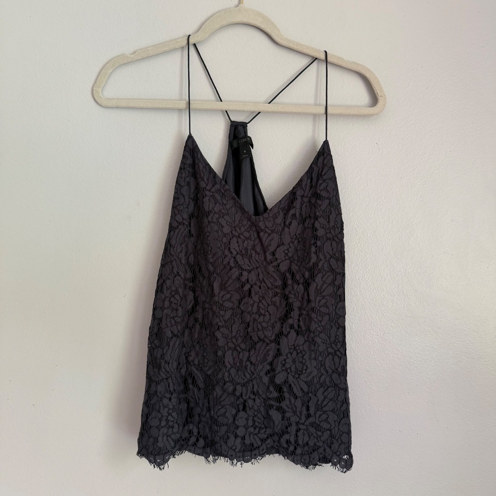 J.Crew Grey Floral Lace Cami‎ Top Racerback Eyelash Hem Size 6